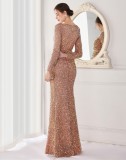 Winter Elegant Golden Sequins Mesh Patch Long Sleeve Slit Mermaid Formal Cocktail Evening Dress