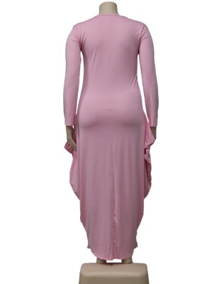 Winter Plus Size Pink Printed Round Neck Long Sleeve Loose Long Dress