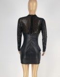 Spring Sexy Black Sequins Patch Round Neck Long Sleeve Slim PU Leather Club Dres
