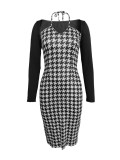 Spring Sexy Black plaid Halter slim Midi Dress and Long Sleeve Cape Top Wholesale Two Piece Sets