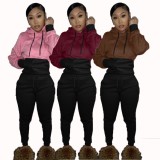 Winter Casaul Wine Red Patch Long Sleeve Hoodies and Sweatpants Two Piece Set Wholesale Sportswear Usa