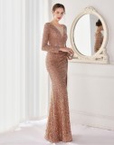 Winter Elegant Golden Sequins Mesh Patch Long Sleeve Slit Mermaid Formal Cocktail Evening Dress