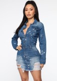 Spring Casual Plus Size Ripped Turndown Collar Button Up Long Sleeve Blue Denim Dress