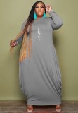 Winter Plus Size Gray Printed Round Neck Long Sleeve Loose Long Dress