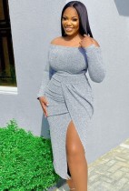 Spring Gray Off Shoulder Long Sleeve Slit Midi Casual Dress