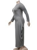 Winter Plus Size Gray Printed Round Neck Long Sleeve Loose Long Dress