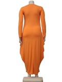 Winter Plus Size Orange Printed Round Neck Long Sleeve Loose Long Dress