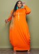 Winter Plus Size Orange Printed Round Neck Long Sleeve Loose Long Dress