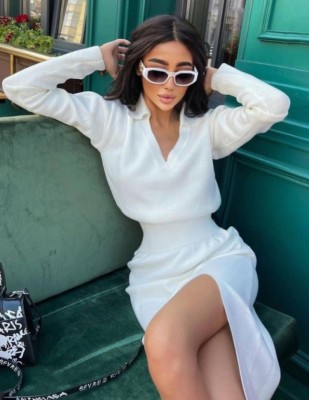 Spring White V Neck Turndown Collar Long Sleeve Tight Waist Slit Casual Dress