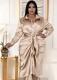 Spring Plus Size Apricot Turndown Collar Ruched Tied Button Up Blouse Dress