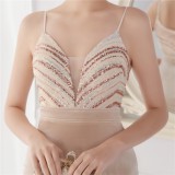 Spring Sliver Sequins Patch Apricot V Neck Straps Slit Formal Cocktail Evening Dress