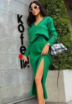 Spring Green V Neck Turndown Collar Long Sleeve Tight Waist Slit Casual Dress