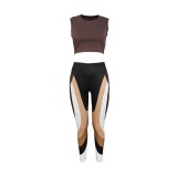 Spring Sexy Brown Round Neck Sleeveless Crop Top and Printed Skinny Pants Wholesale 2 Piece Outfits