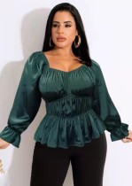 Spring Plus Size Dark Green Square Neck Puff Sleeve Ruched Top