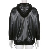 Spring Casual Black Zipper Up Long Sleeve Faux PU Leather Long Hoodies