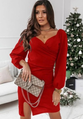 Spring Red Sweetheart Puff Sleeve Slit Casual Mini Dress