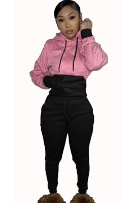 Winter Casaul Pink Patch Long Sleeve Hoodies and Sweatpants Two Piece Set Wholesale Sportswear Usa