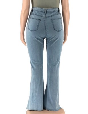 Spring Plus Size Light Blue Ripped Hole High Waist Jeans