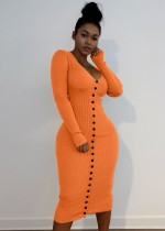 Spring Sexy Orange U Neck Long Sleeve Button Slim Rib Midi Dress