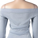 Spring Gray Off Shoulder Long Sleeve Slit Midi Casual Dress