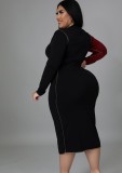 Spring Plus Size Wine Red Patch Leopard Round Neck Long Sleeve Midi Dress