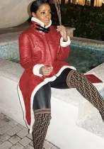 Winter Black Red PU Leather Patch Fleece Zipper Up Long Sleeve Irregular Coat