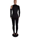 Spring Sexy Black Round Neck Cutout Long Sleeve Tight Jumpsuit