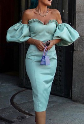 Spring Sexy Mint Green Sweetheart Off Shoulder Puff Sleeve Slim Midi Party Dress