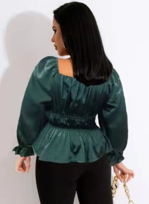 Spring Plus Size Dark Green Square Neck Puff Sleeve Ruched Top