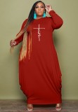 Winter Plus Size Red Printed Round Neck Long Sleeve Loose Long Dress