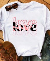 Summer Casual Pink Letter Printed Slim Basic White T-shirt
