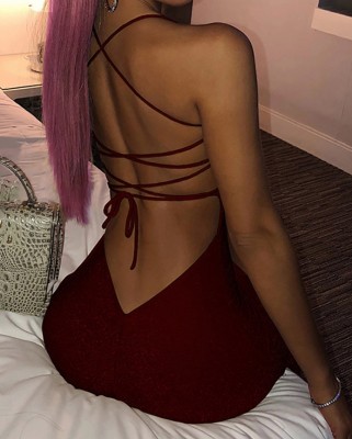 Spring Sexy Wine Red Halter Lace-up Backless Slit Party Dress
