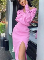 Spring Pink V Neck Turndown Collar Long Sleeve Tight Waist Slit Casual Dress