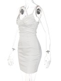Summer Sexy Solid White Straps Ruched Bodycon Mini Dress