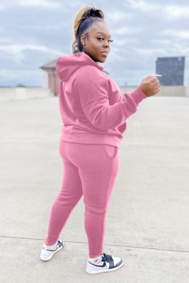 Winter Plus Size Pink Printed Pocket Long Sleeve Hoodies and Sweapants Two Piece Set Wholesale Jogger Suit