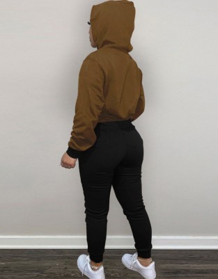 Winter Casaul Brown Patch Long Sleeve Hoodies and Sweatpants Two Piece Set Wholesale Sportswear Usa
