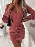Spring Pink V Neck Long Sleeve Ruched Casual Dress