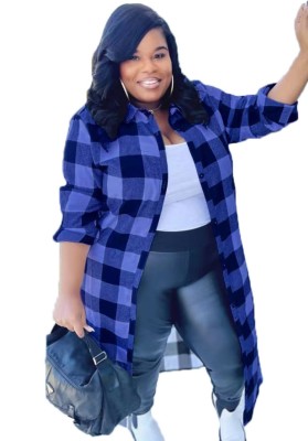 Spring Plus Size Plaid Long Sleeve Button Open Long Shirt