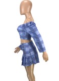 Spring Sexy Plaid Off Shoulder Long Sleeve Top And Skirt Wholesale 2 Piece Outfits