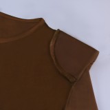 Spring Fashion Brown Round Neck Shoulder Pad Long Sleeve Ruffles Top
