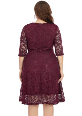 Spring Plus Size Red Round Neck Lace Half Sleeve Party Dress