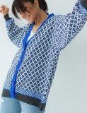Winter Casual Blue Line With Print V Neck Long Sleeve Cardigan Sweater