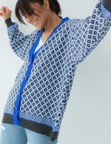 Winter Casual Blue Line With Print V Neck Long Sleeve Cardigan Sweater