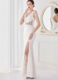 Summer Elegant White V Neck Wasit Rhinestone Slit Mermaid Evening Dress