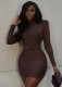 Spring Sexy Brown Round Neck Shoulder Pad Long Sleeve Cut Out Bodycon Dress