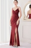 Spring Formal Red Sequins Strap Slit Mermaid Evening Dress