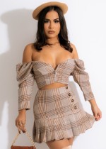 Spring Sexy Plaid Off Shoulder Long Sleeve Top And Skirt Wholesale 2 Piece Outfits