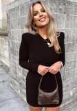 Spring Sexy Black Round Neck Shoulder Pad Long Sleeve Cut Out Bodycon Dress