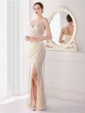 Spring Formal Beige Sequins Strap Slit Mermaid Evening Dress