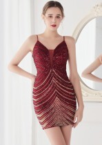 Summer Formal Red Wave Sequins Strap Mermaid Party Dress